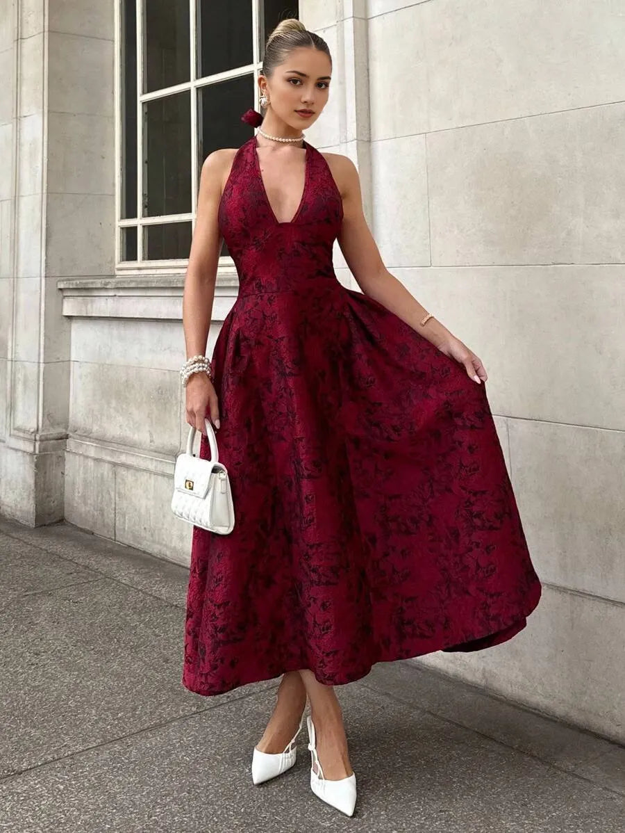 Red A-Line Halter Neck Sleeveless Lace-Up Back Ankle-Length Jacquard Prom Dress