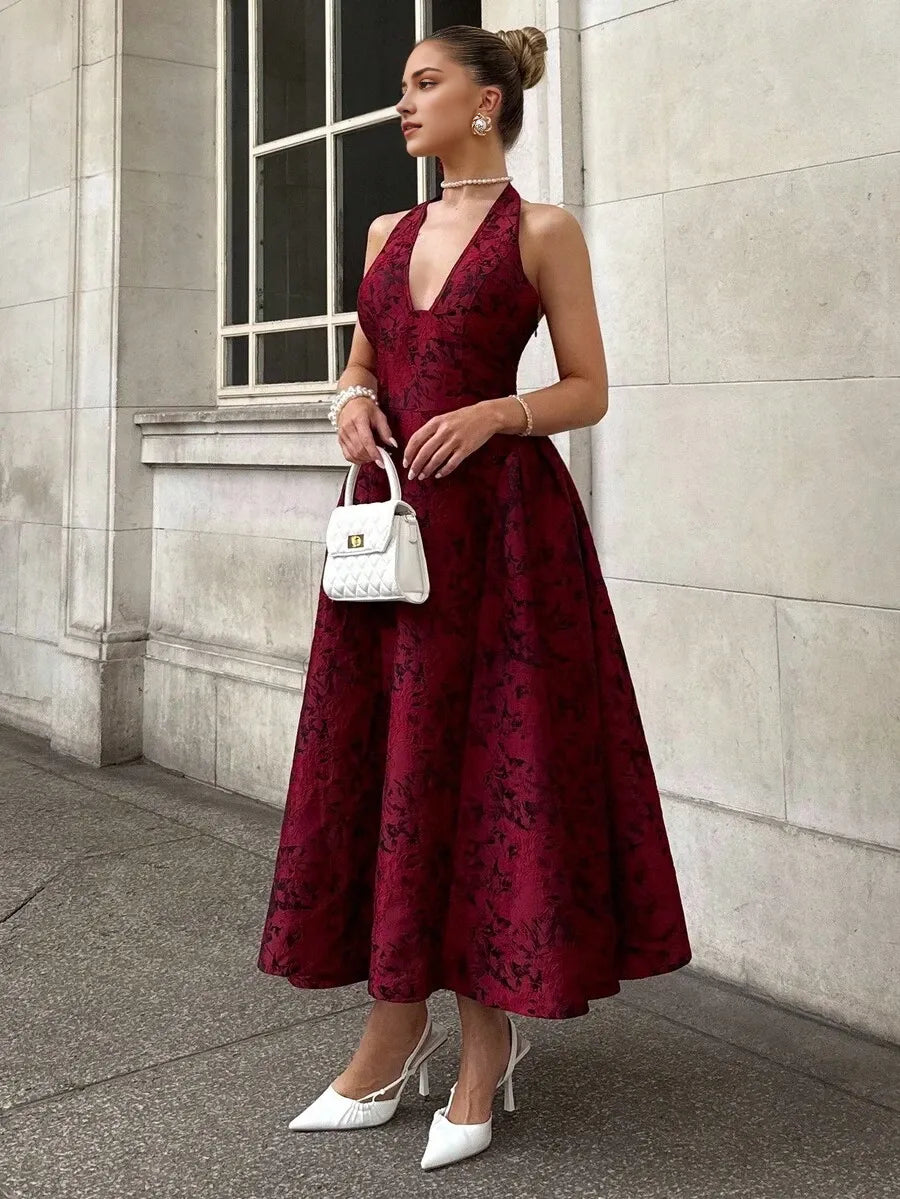 Red A-Line Halter Neck Sleeveless Lace-Up Back Ankle-Length Jacquard Prom Dress
