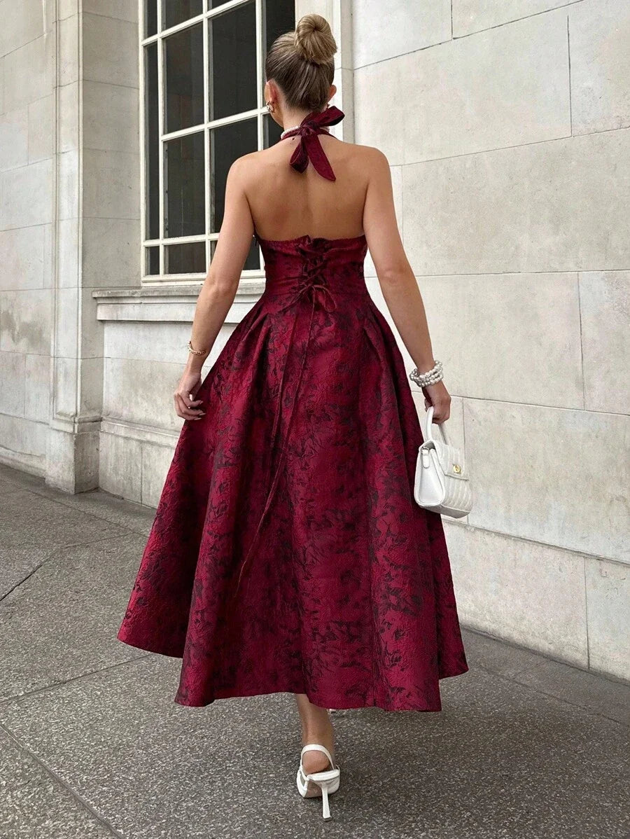 Red A-Line Halter Neck Sleeveless Lace-Up Back Ankle-Length Jacquard Prom Dress