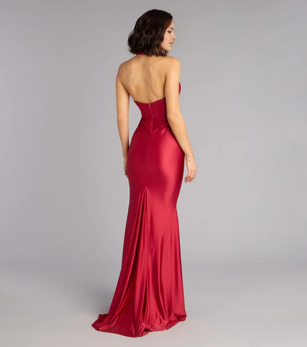 Red Mermaid Halter Neck Sleeveless Back Zip High Side Slit Floor-Length Prom Dresses