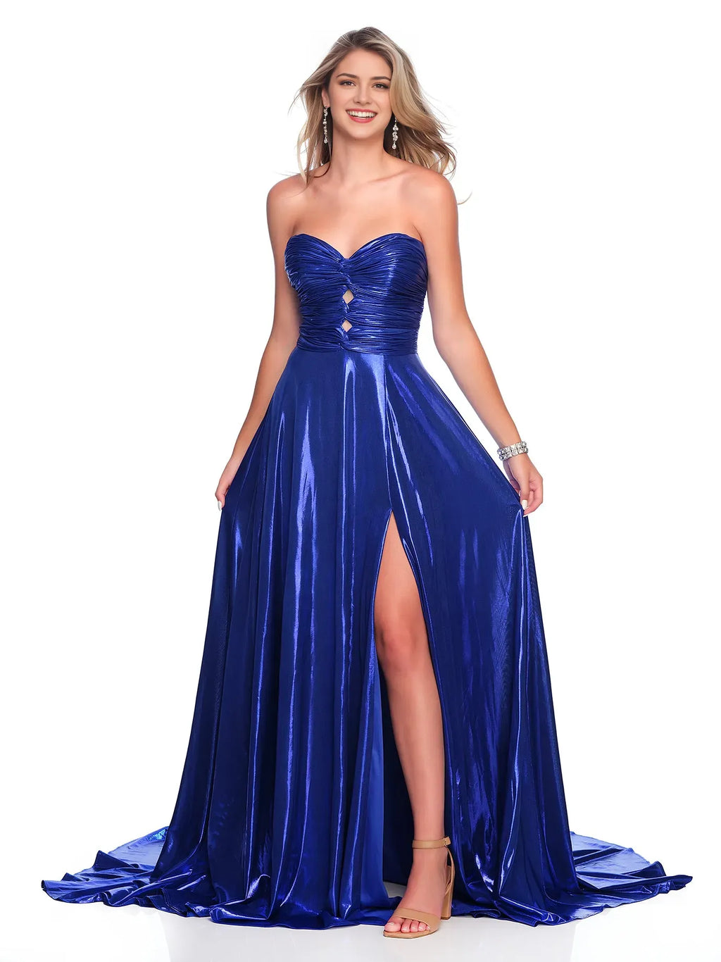 Blue Royal A-Line Sweetheart-Neck Strapless Back Zip Floor-Length Ruched Metallic Prom Dresses with High Slit