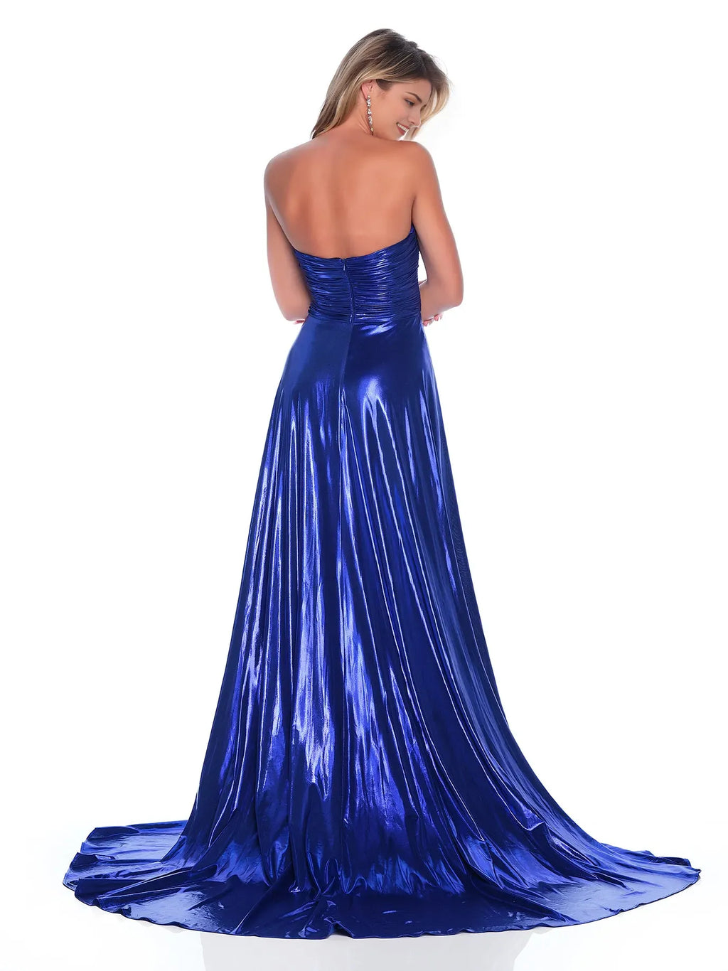 Blue Royal A-Line Sweetheart-Neck Strapless Back Zip Floor-Length Ruched Metallic Prom Dresses with High Slit