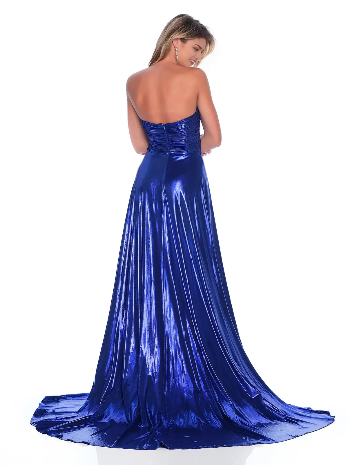 Blue Royal A-Line Sweetheart-Neck Strapless Back Zip Floor-Length Ruched Metallic Prom Dresses with High Slit