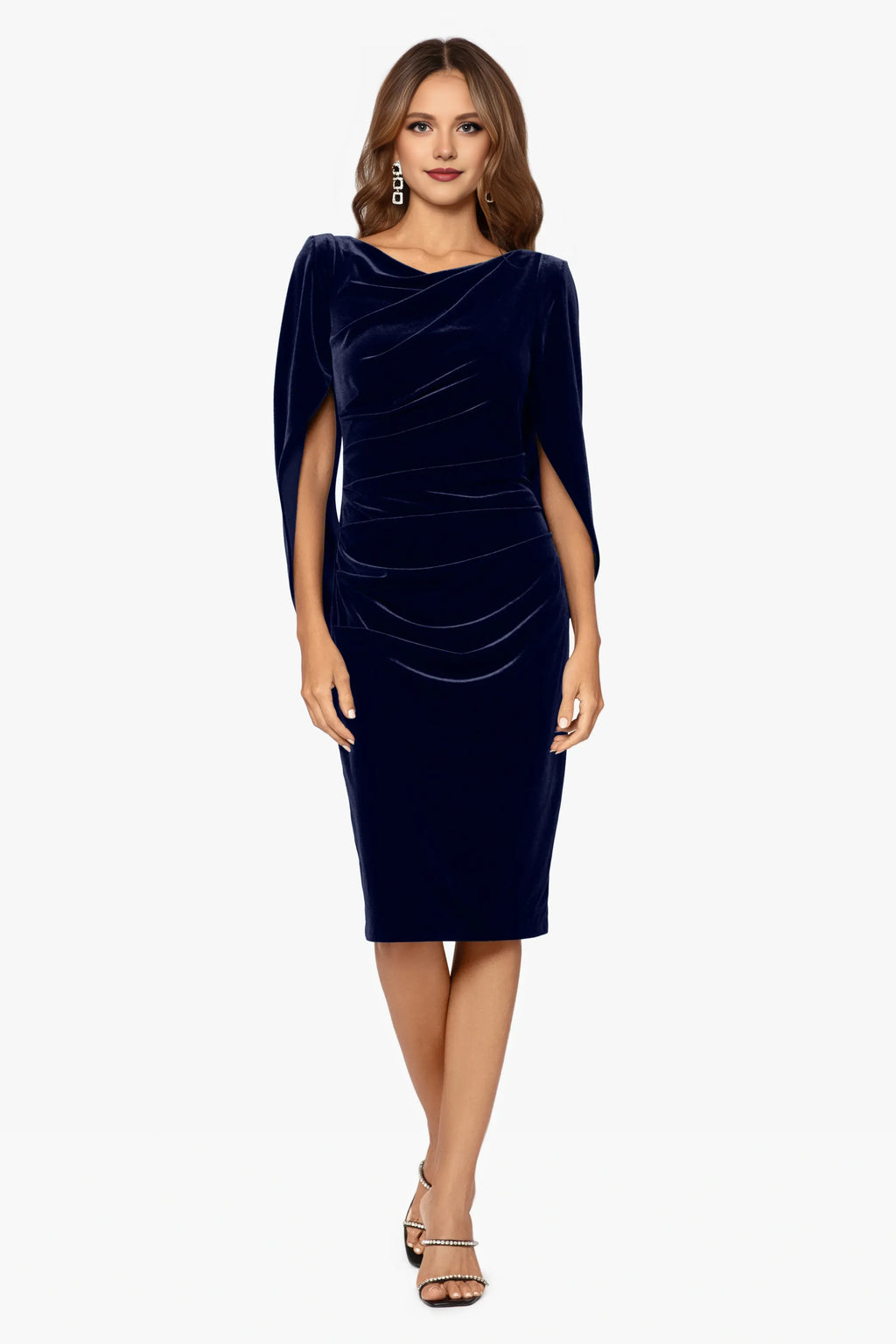 Sophisticated Graceful Stylish Refined Elegant Navy Blue Velvet Sheath Knee-Length Prom Dress
