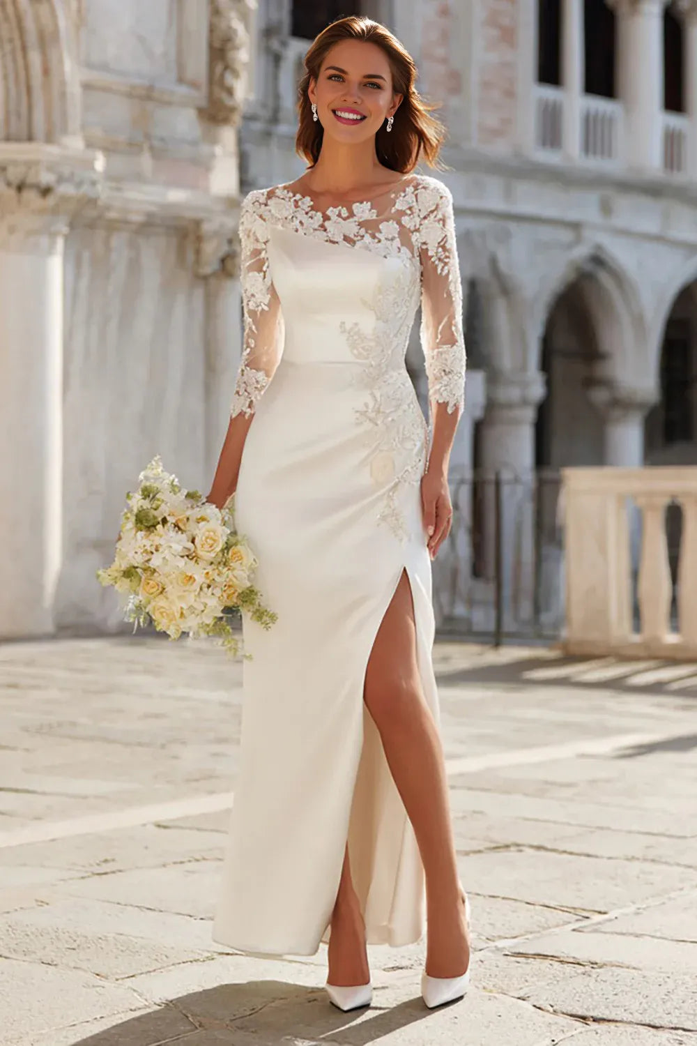 Sophisticated Graceful Stylish Refined Elegant Satin Sheath Long Sleeve Floor-Length Wedding Dress