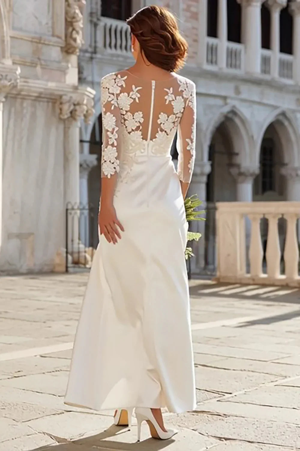 Sophisticated Graceful Stylish Refined Elegant Satin Sheath Long Sleeve Floor-Length Wedding Dress