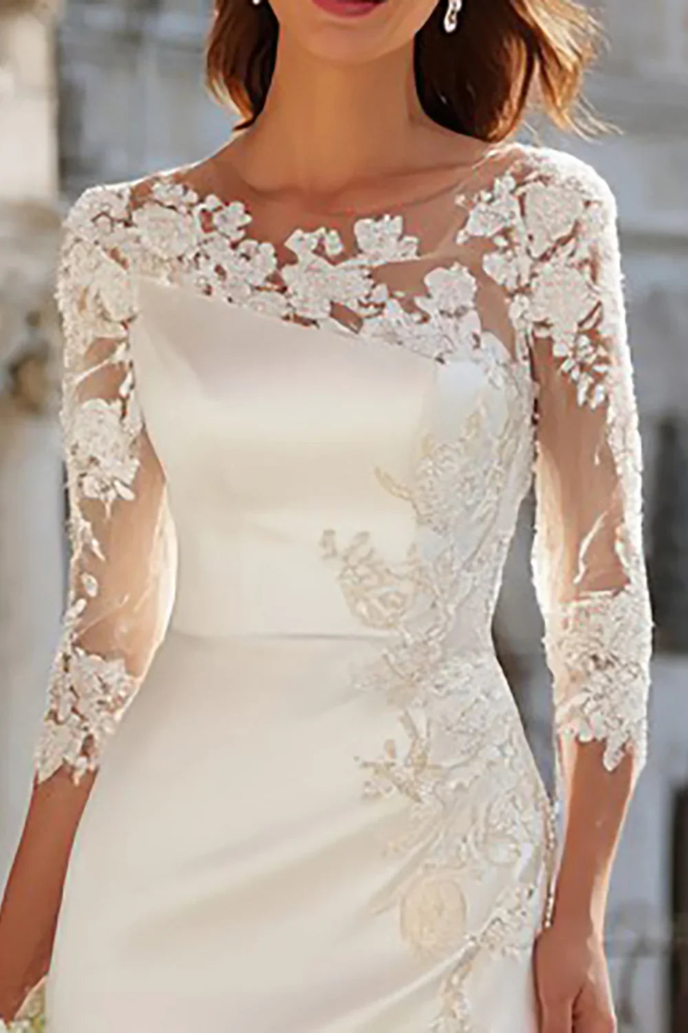 Sophisticated Graceful Stylish Refined Elegant Satin Sheath Long Sleeve Floor-Length Wedding Dress