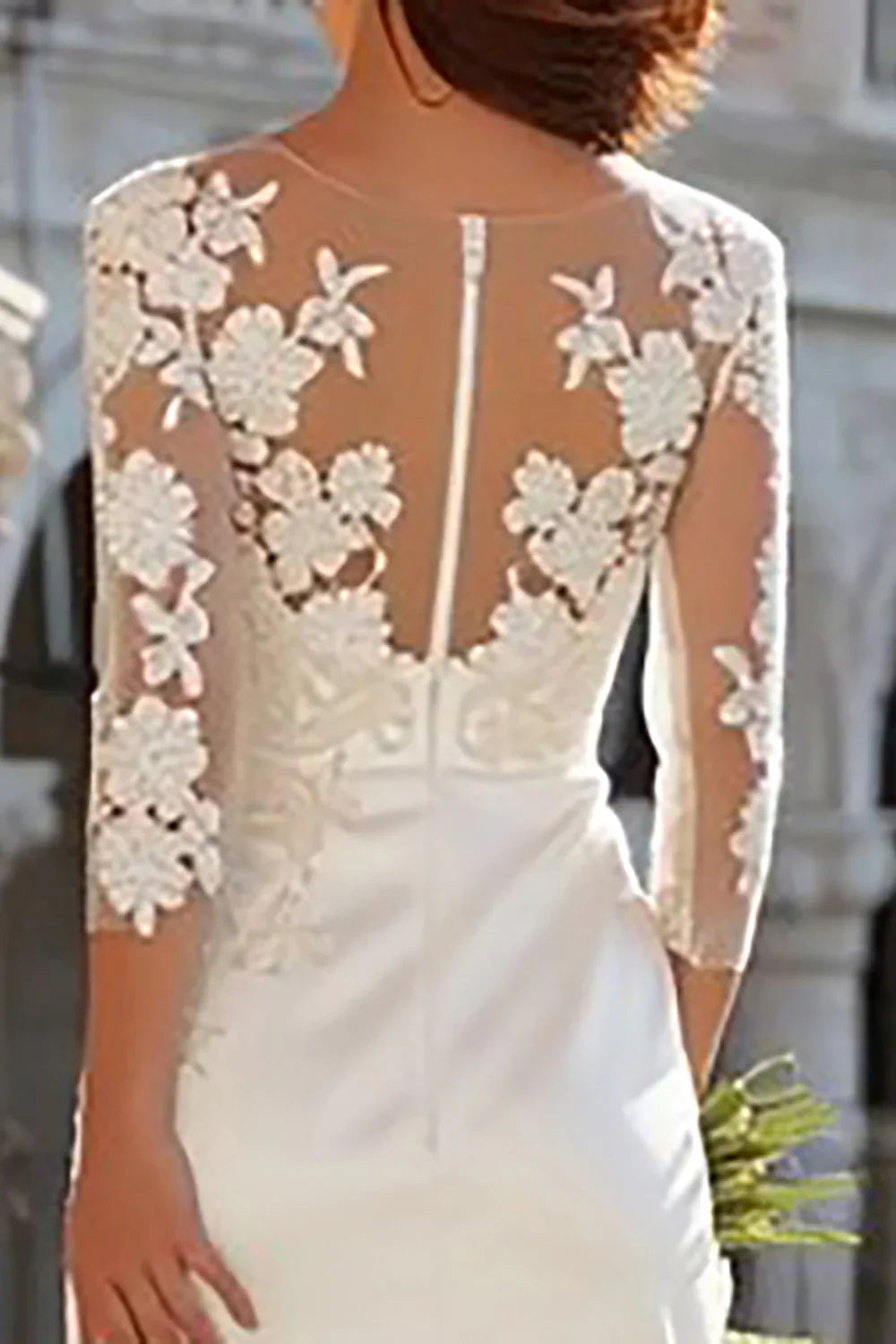 Sophisticated Graceful Stylish Refined Elegant Satin Sheath Long Sleeve Floor-Length Wedding Dress