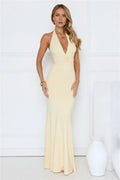 Sheath Halter Deep V-Neck Sleeveless Tie Back Floor-Length Ruched Bodice Prom Dresses
