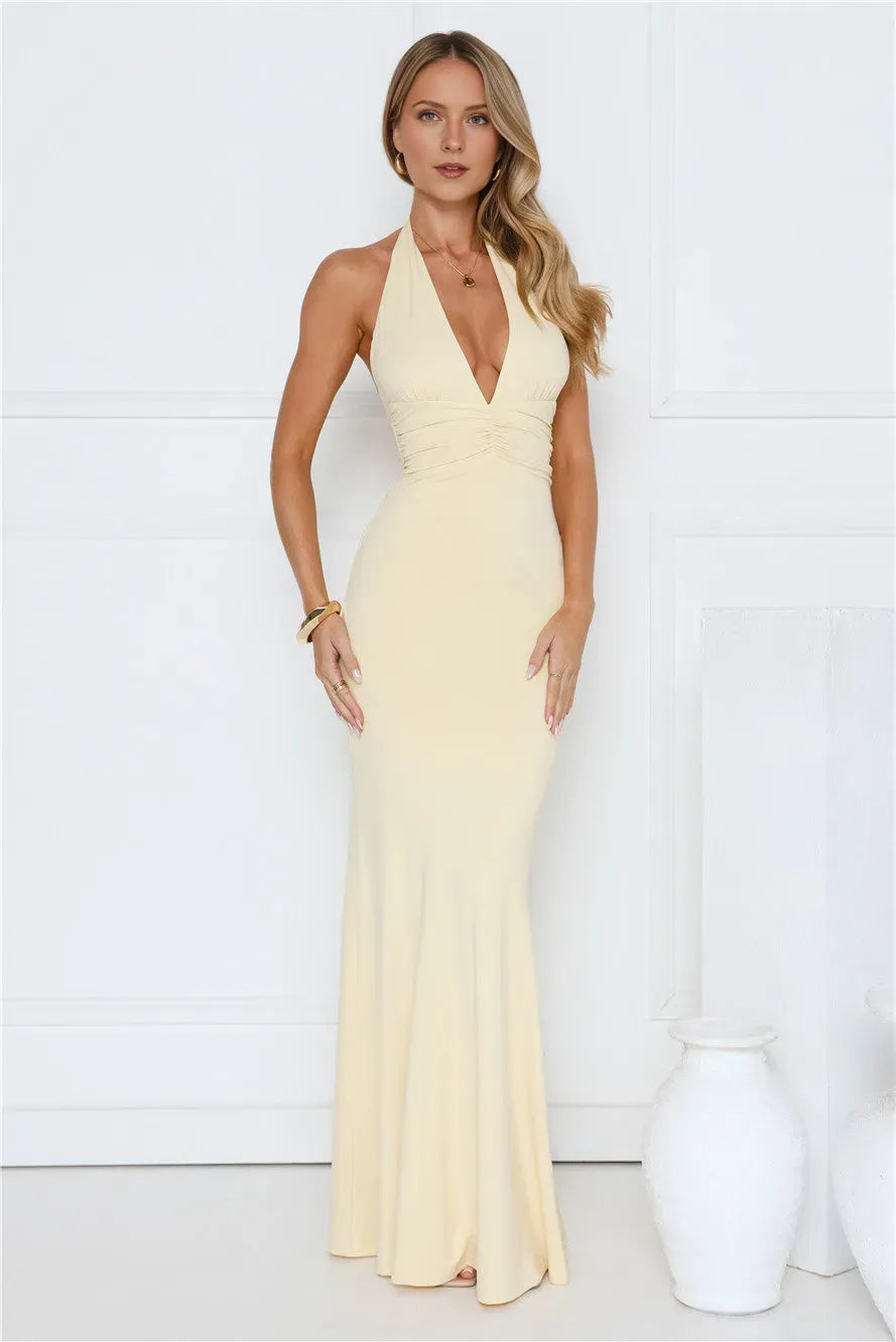 Sheath Halter Deep V-Neck Sleeveless Tie Back Floor-Length Ruched Bodice Prom Dresses