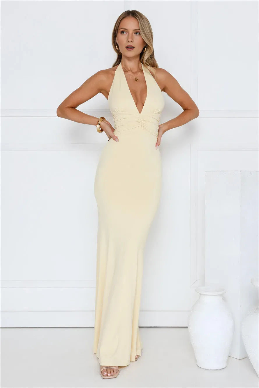 Sheath Halter Deep V-Neck Sleeveless Tie Back Floor-Length Ruched Bodice Prom Dresses