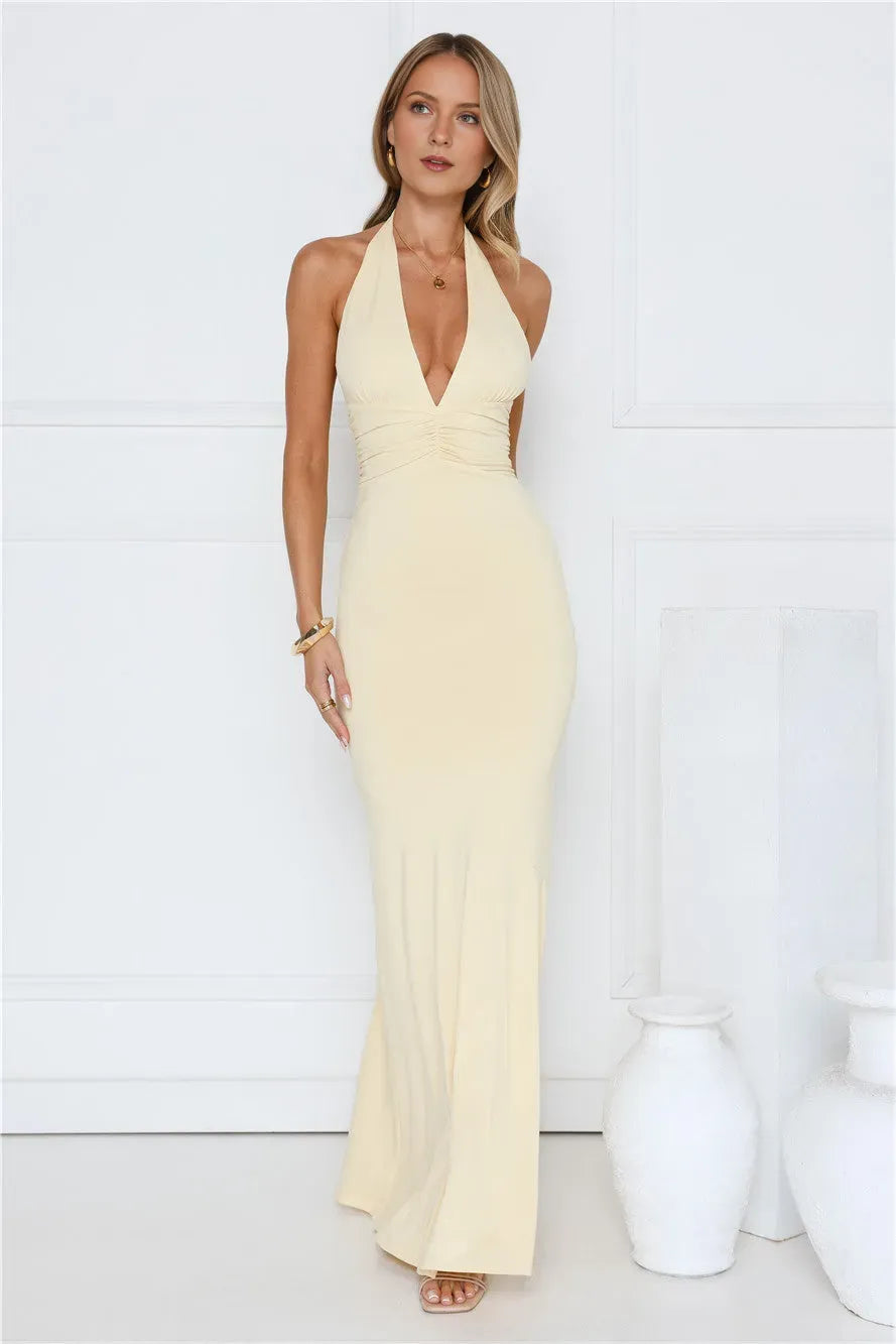 Sheath Halter Deep V-Neck Sleeveless Tie Back Floor-Length Ruched Bodice Prom Dresses