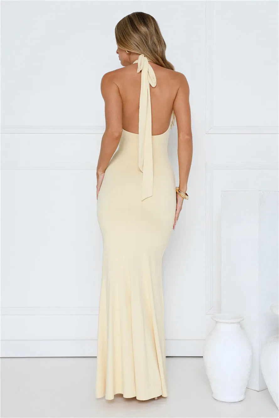 Sheath Halter Deep V-Neck Sleeveless Tie Back Floor-Length Ruched Bodice Prom Dresses