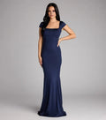 Classic Mermaid Square Neck Cap Sleeve Tie Back Long Evening Dress