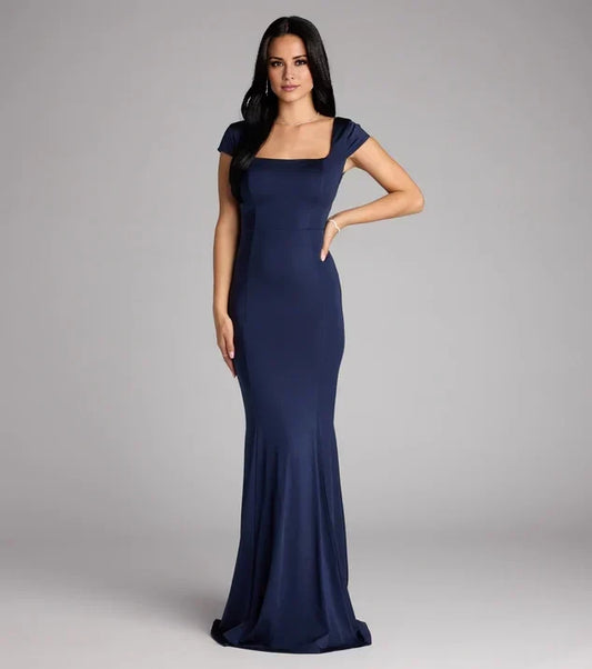 Luxurious Red Mermaid Square-Neck Cap-Sleeve Open-Back Floor-Length Prom Dress