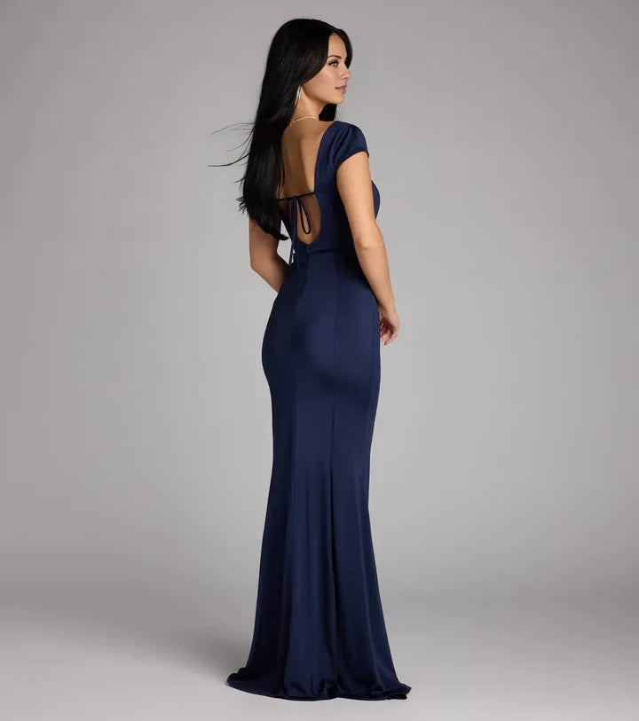 Sleek Mermaid Square Neck Cap Sleeve Tie Back Long Evening Dress