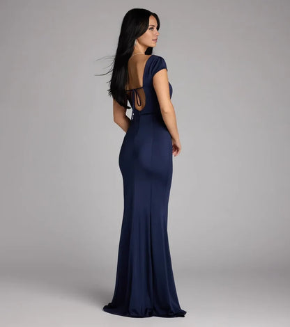Elegant Mermaid Square-Neck Cap-Sleeve Open-Back Floor-Length Prom Formal Dress