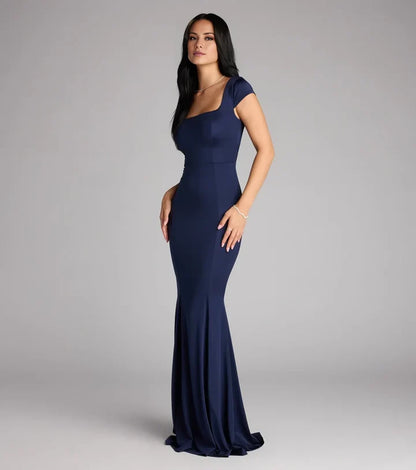 Elegant Mermaid Square-Neck Cap-Sleeve Open-Back Floor-Length Prom Formal Dress