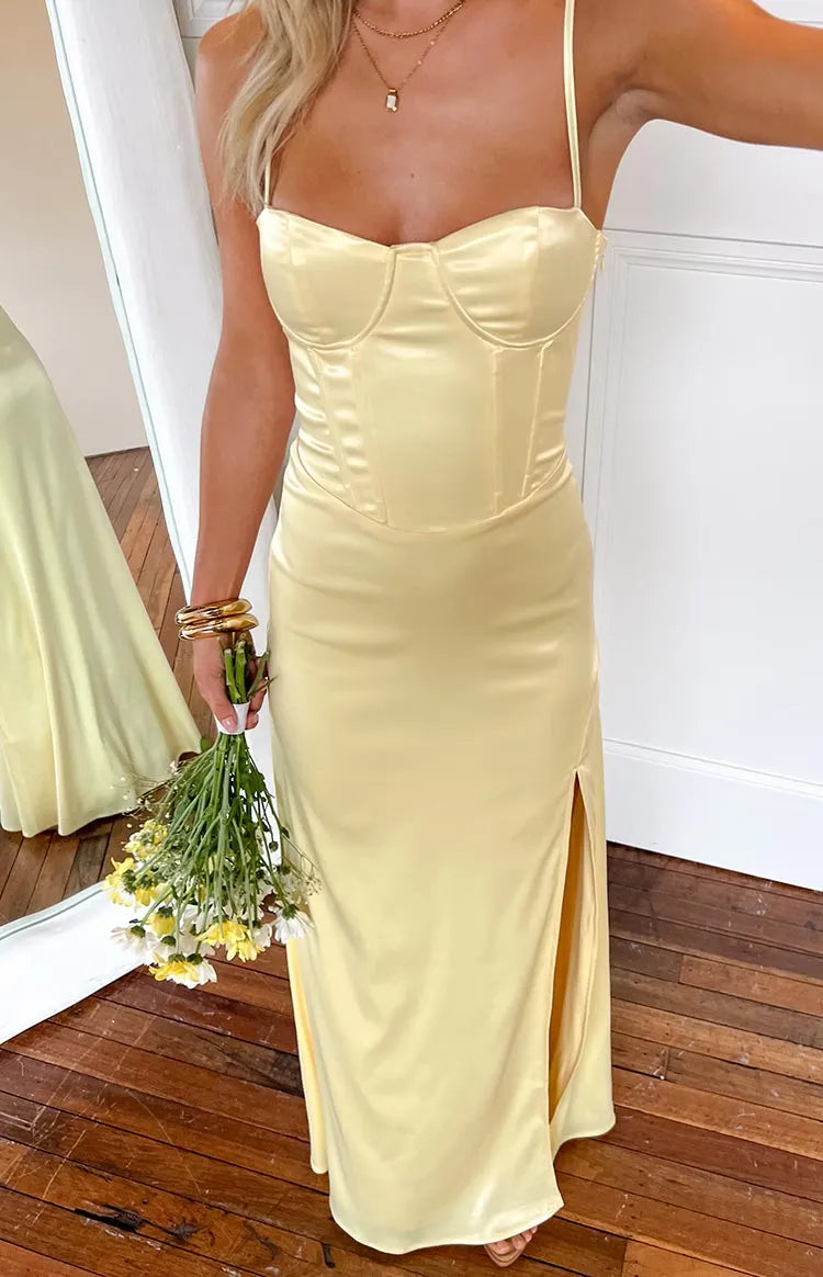 Yellow Prom Dress Spaghetti Straps Corset Inspired Bodice Side Slit Silhouette for Timeless Elegance