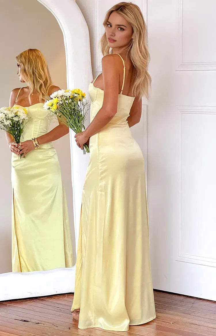 Yellow Prom Dress Spaghetti Straps Corset Inspired Bodice Side Slit Silhouette for Timeless Elegance