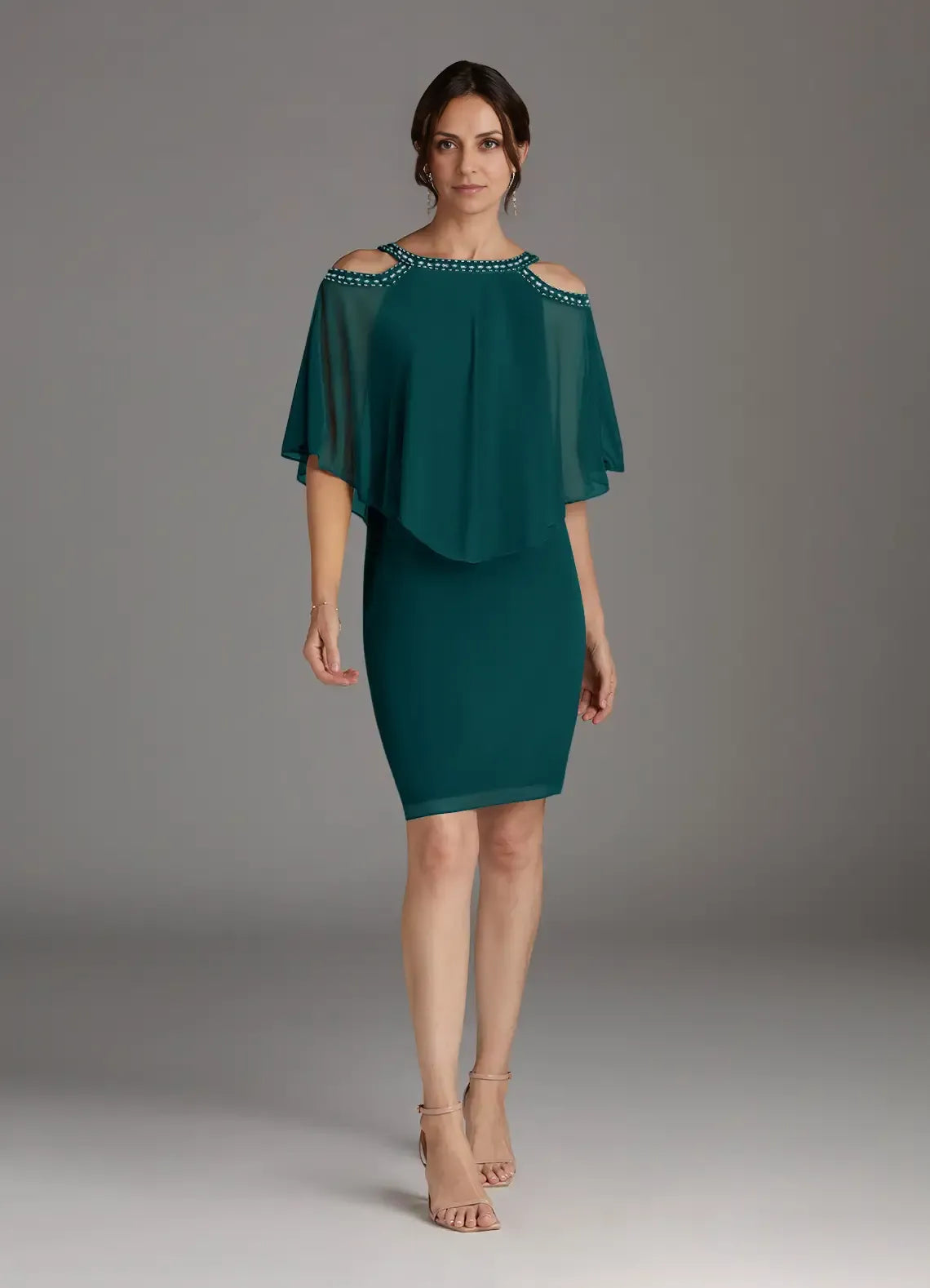 Elegant Teal Chiffon Sheath Scoop Neck Knee-Length Mother of the Bride Dress
