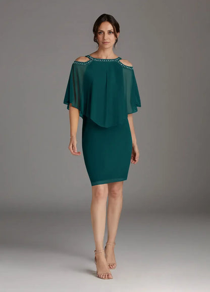 Elegant Teal Chiffon Sheath Scoop Neck Knee-Length Mother of the Bride Dress