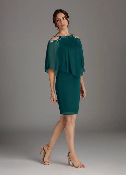 Elegant Teal Chiffon Sheath Scoop Neck Knee-Length Mother of the Bride Dress