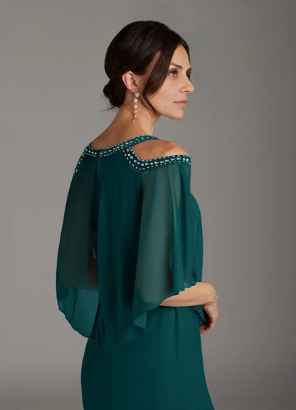 Elegant Teal Chiffon Sheath Scoop Neck Knee-Length Mother of the Bride Dress