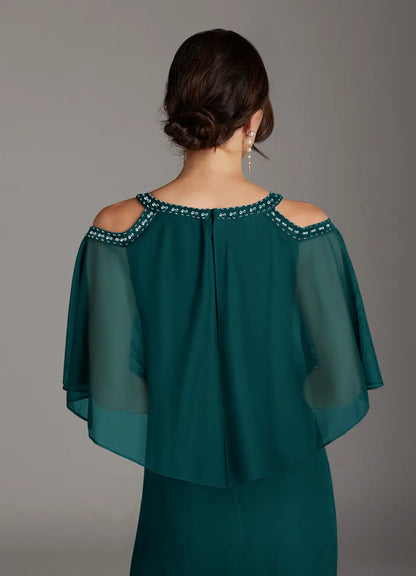 Elegant Teal Chiffon Sheath Scoop Neck Knee-Length Mother of the Bride Dress