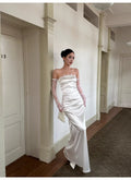 White Classy Mermaid Strapless Sleeveless Ruched Long Evening Dresses