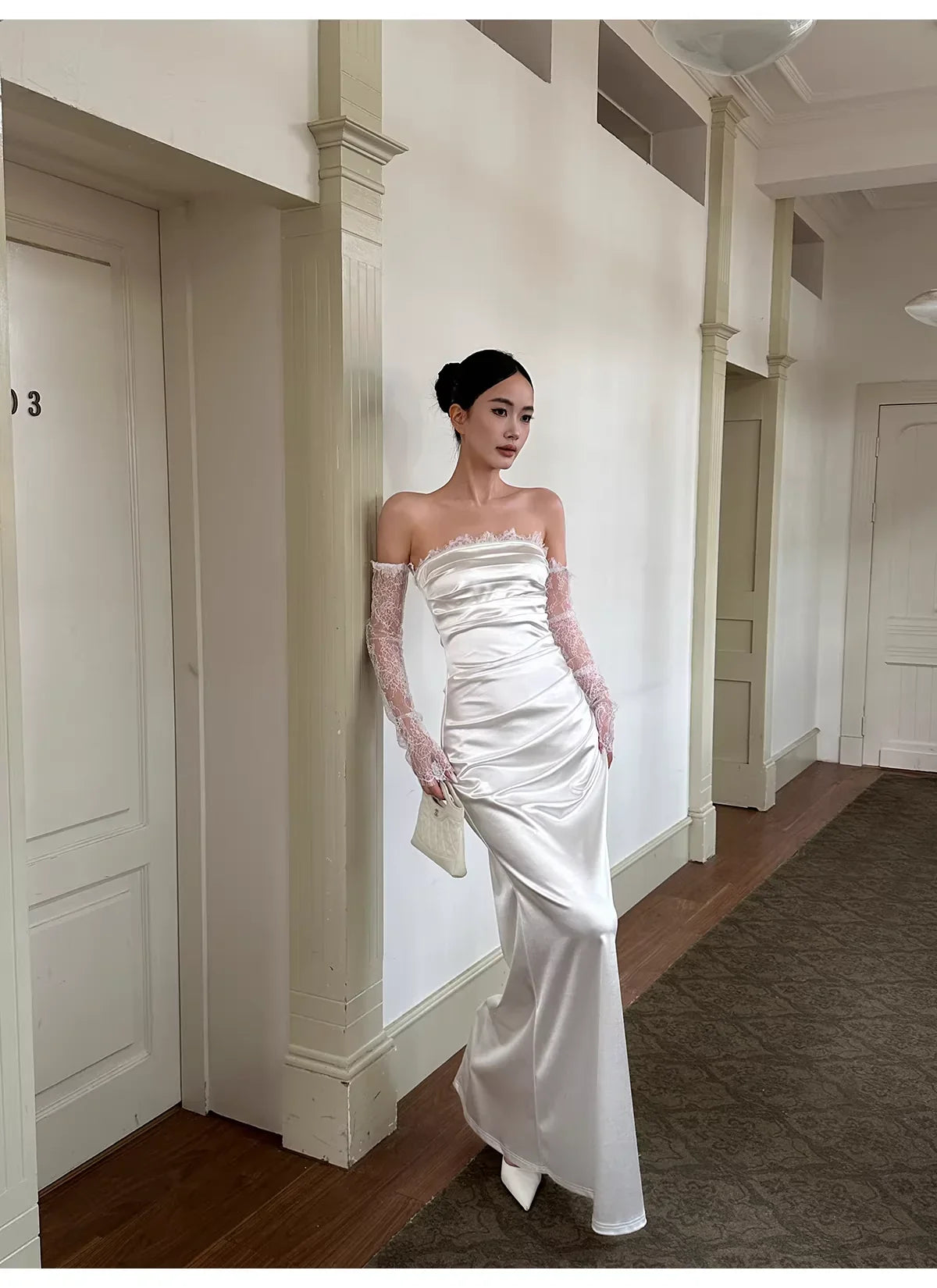 White Classy Mermaid Strapless Sleeveless Ruched Long Evening Dresses