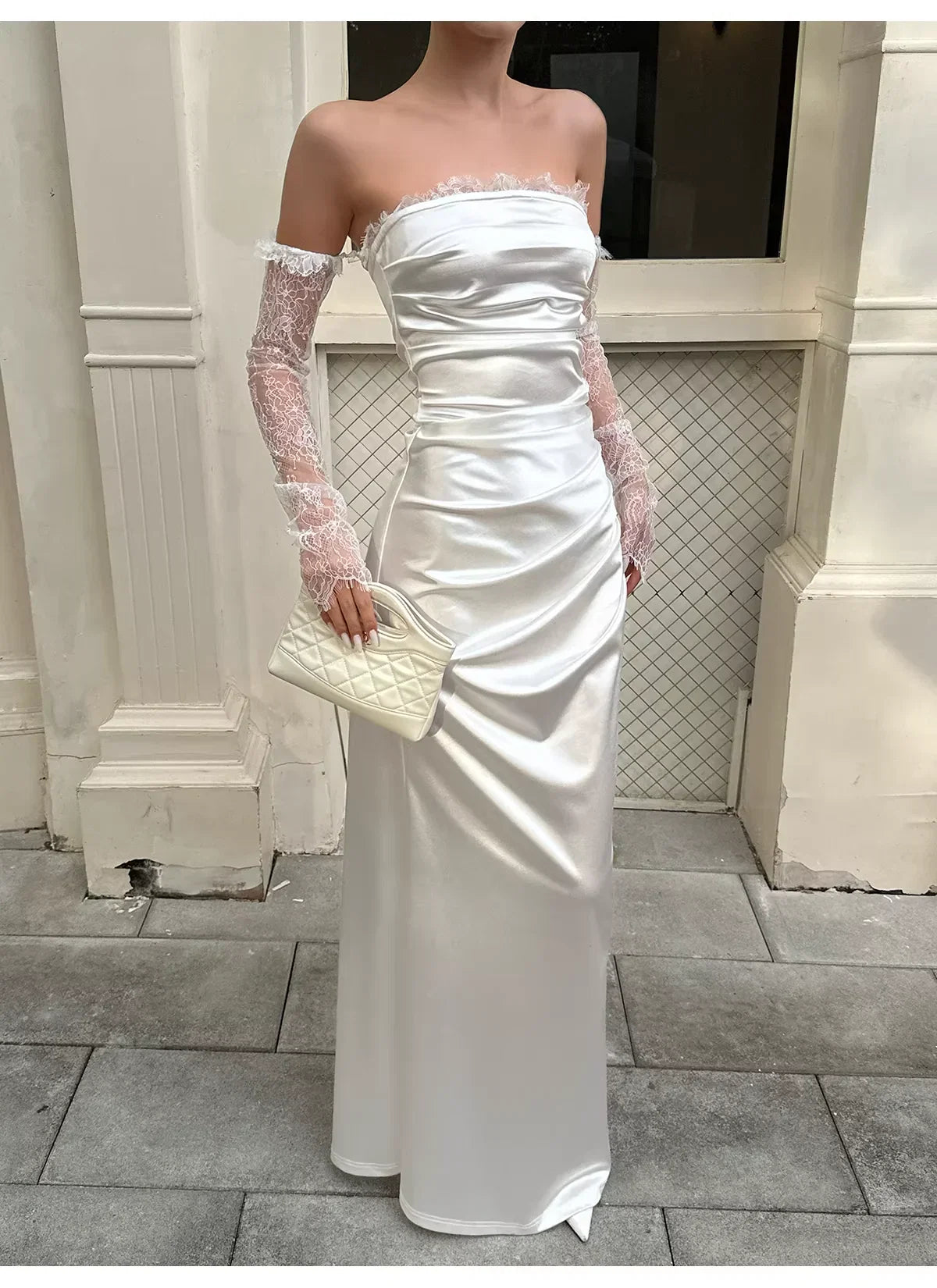 White Classy Mermaid Strapless Sleeveless Ruched Long Evening Dresses