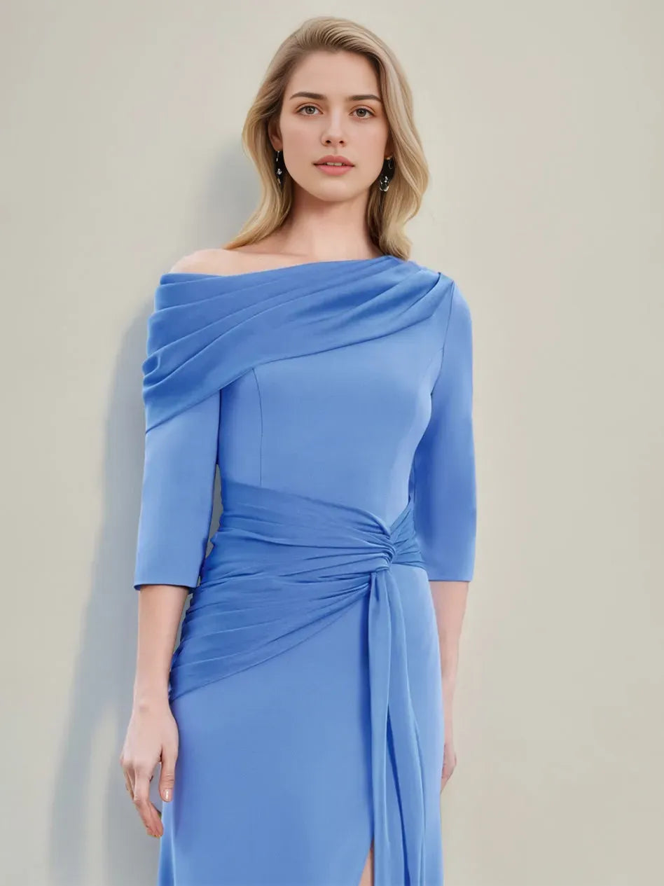 Column Asymmetrical Draped Neckline 3/4 Sleeves Floor-Length Pleated Mother of the Bride Dresses with Slit