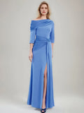 Column Asymmetrical Draped Neckline 3/4 Sleeves Floor-Length Pleated Mother of the Bride Dresses with Slit