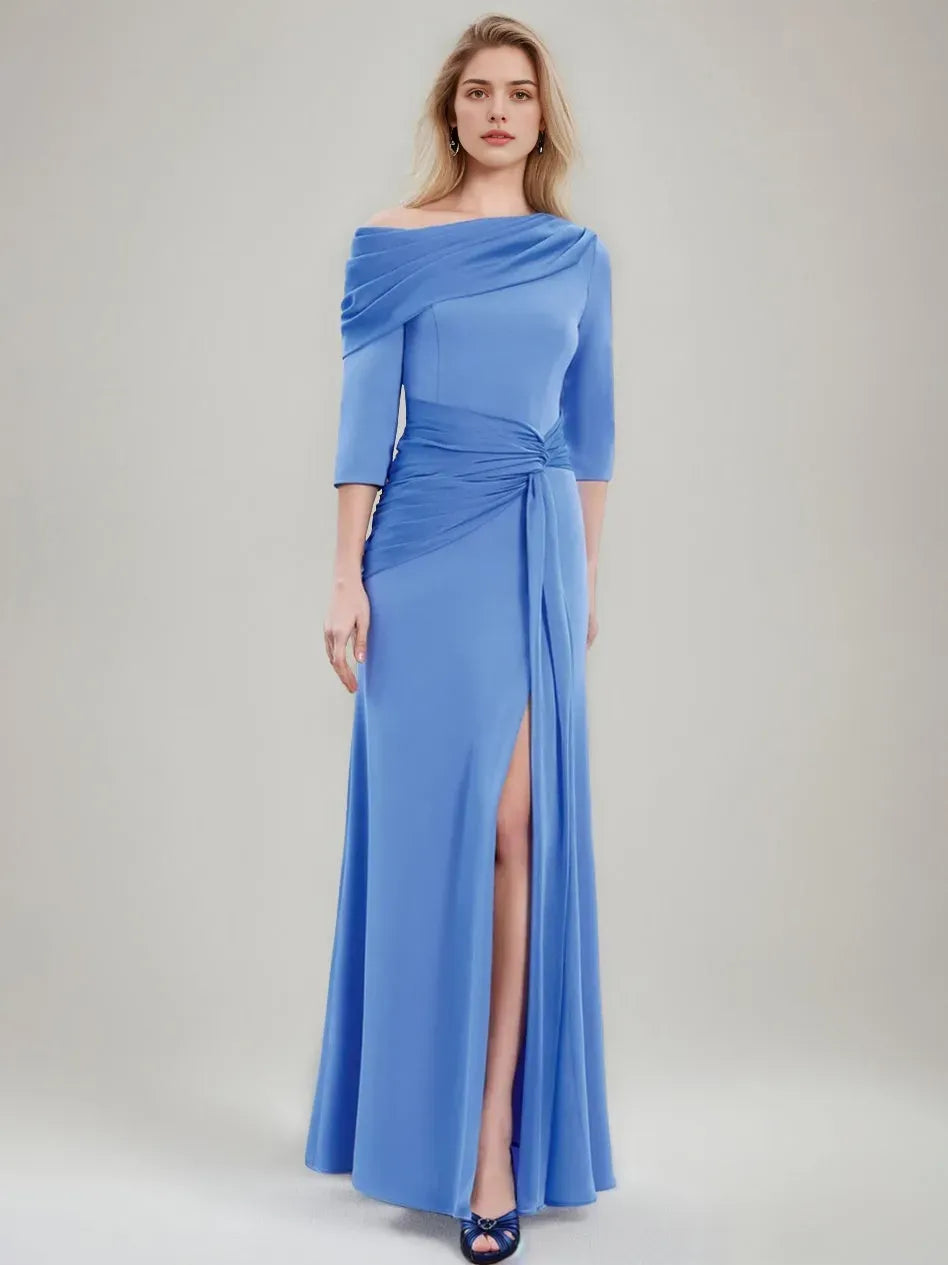 Column Asymmetrical Draped Neckline 3/4 Sleeves Floor-Length Pleated Mother of the Bride Dresses with Slit