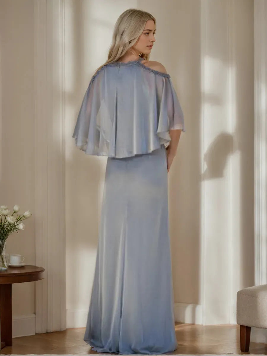 Column Cowl Neck Half Sleeves Mother Of The Bride Dresses with Ruffles Beadings