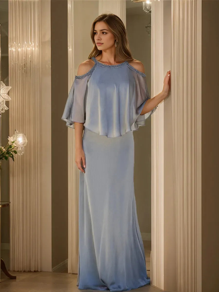 Elegant Red Ruffled A-Line Classic-Neck Half-Sleeve Classic-Back Floor-Length Mother-of-the-Bride Dress