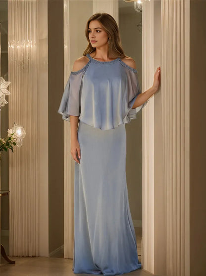 Elegant Red Ruffled A-Line Classic-Neck Half-Sleeve Classic-Back Floor-Length Mother-of-the-Bride Dress
