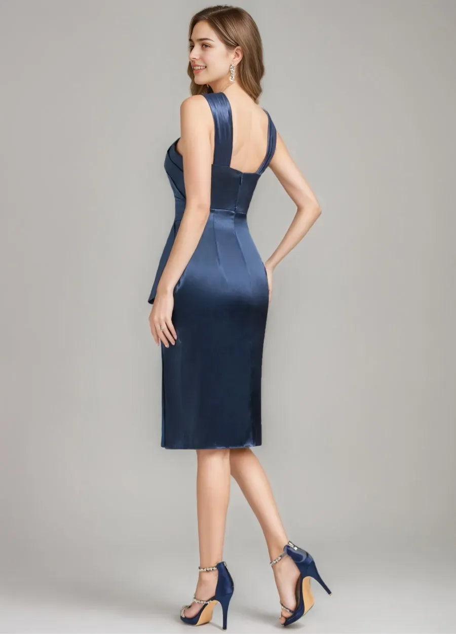 Elegant Red Ruffled A-Line Classic-Neck Classic-Sleeve Classic-Back Knee-Length Mother-of-the-Bride Dress