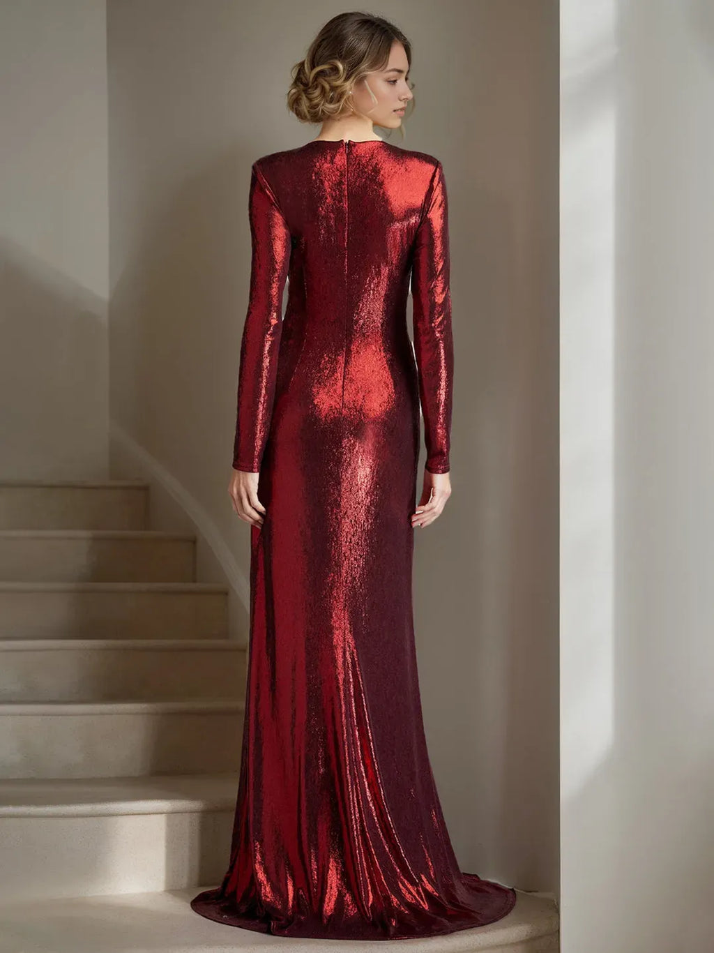 Column Deep V-Neck Long Sleeves Floor-Length Mother of the Bride Dresses with Crisscross Pleated