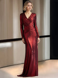 Column Deep V-Neck Long Sleeves Floor-Length Mother of the Bride Dresses with Crisscross Pleated