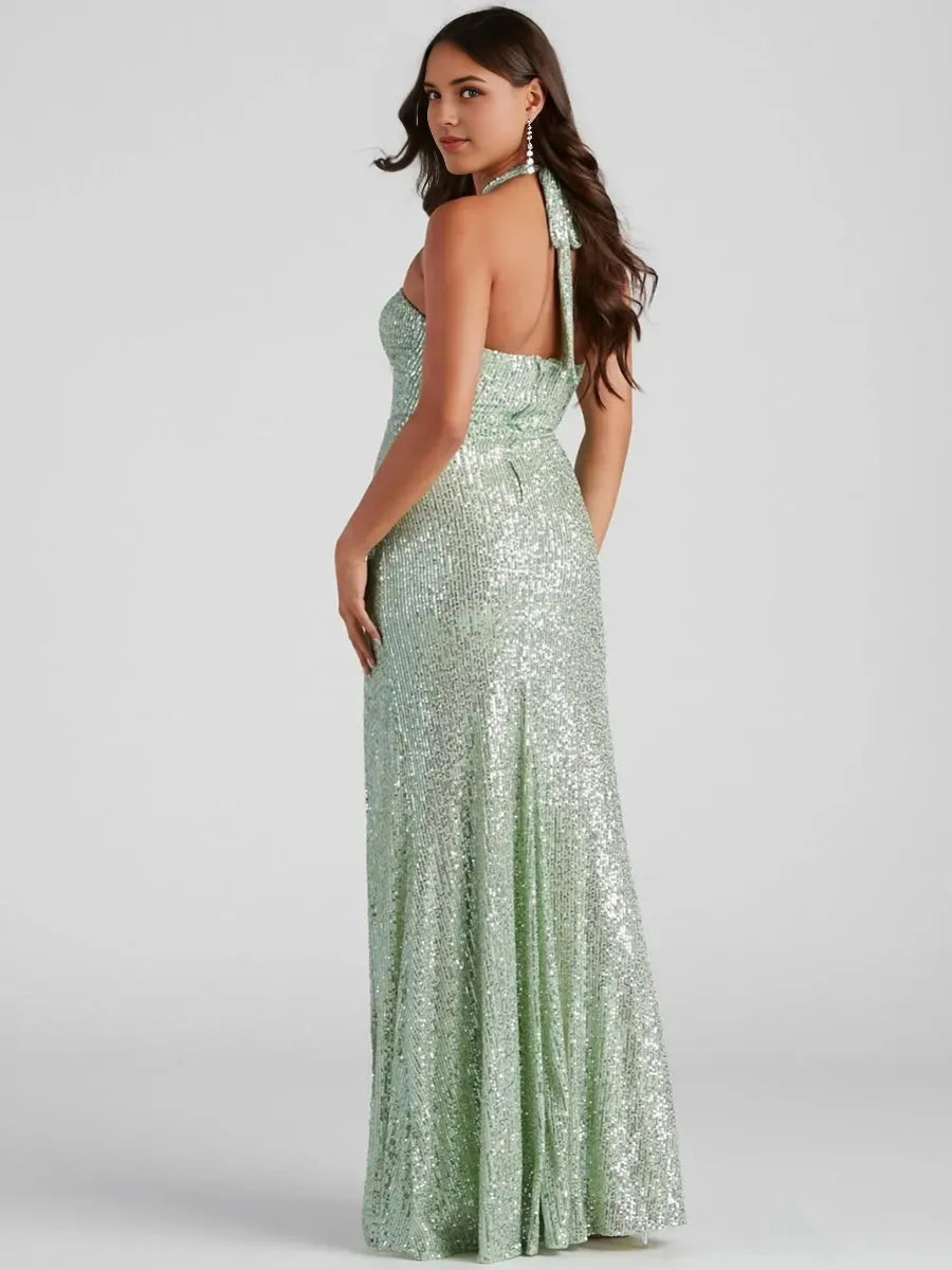 Column Halter Sleeveless Sexy Prom Dresses with High Split
