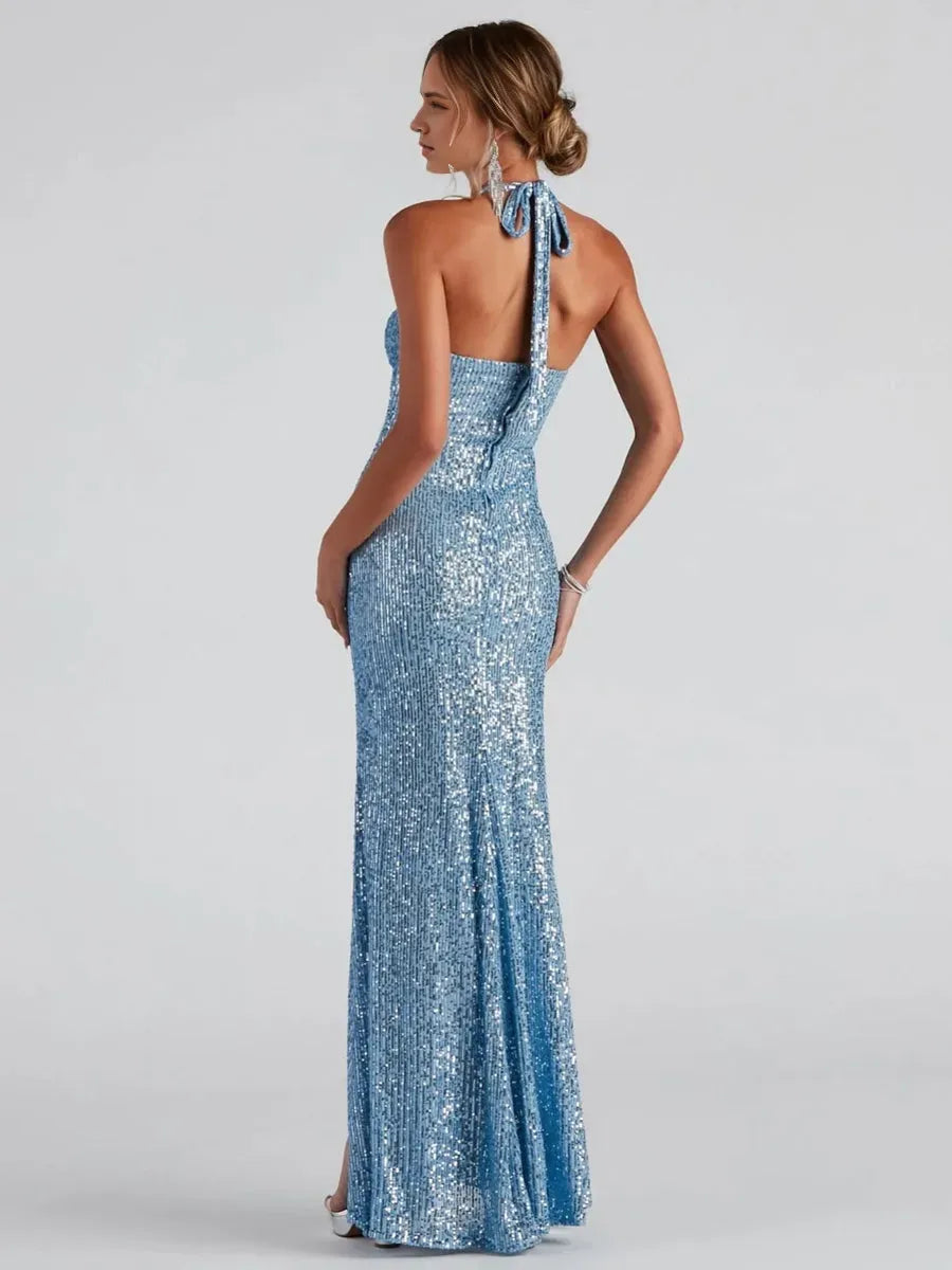 Column Halter Sleeveless Sexy Prom Dresses with High Split