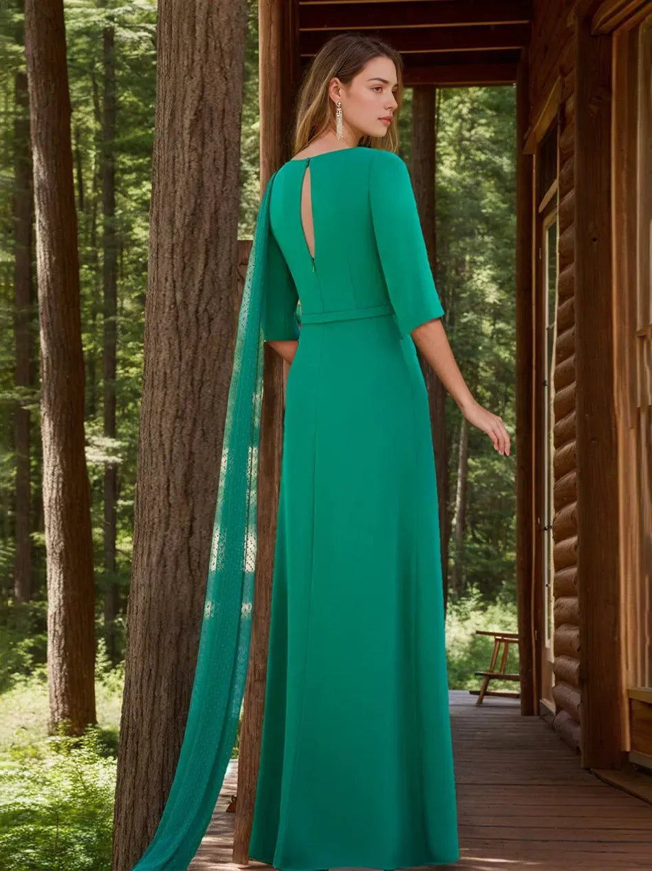 Column Jewel Neck 1/2 Sleeves Floor-Length Mother of the Bride Dresses with Floral Draped Dotted