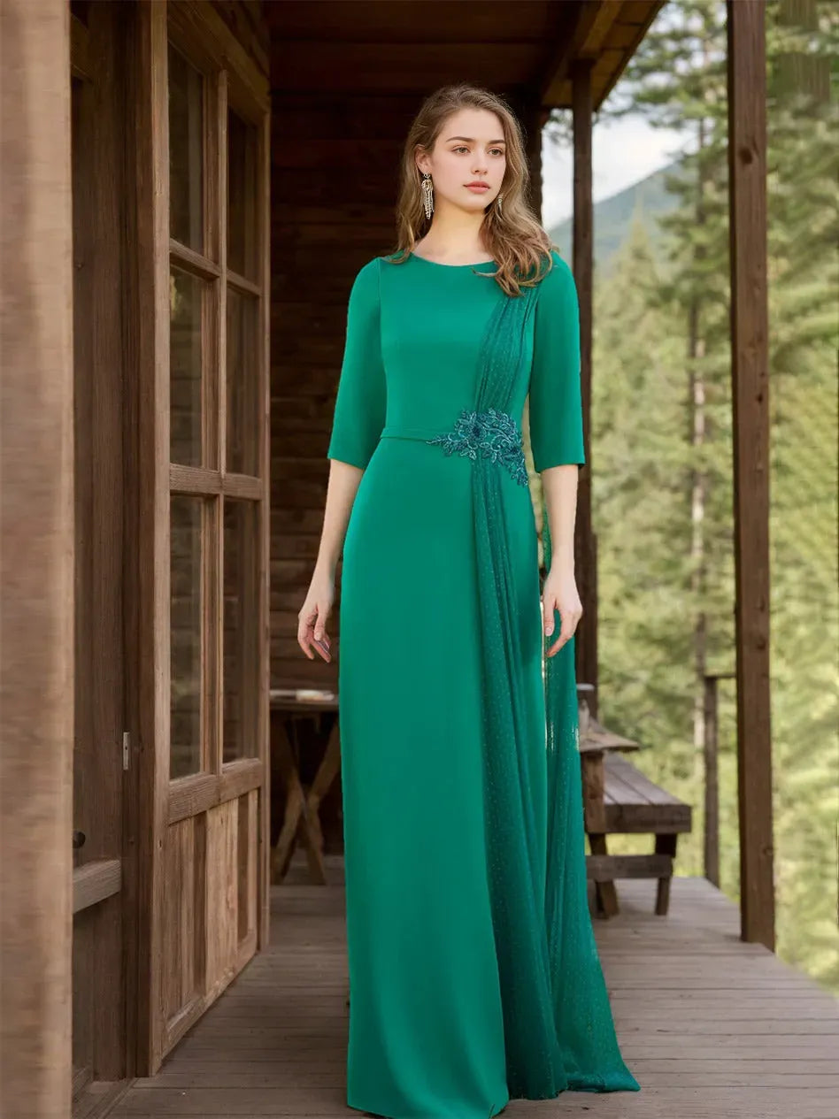 Column Jewel Neck 1/2 Sleeves Floor-Length Mother of the Bride Dresses with Floral Draped Dotted
