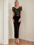 Column Off-the-Shoulder Ankle-Length Ruched Mother of the Bride Dresses with Bow