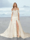 Column Off-the-Shoulder Floor-Length Wedding Dress with Sequins Split Side