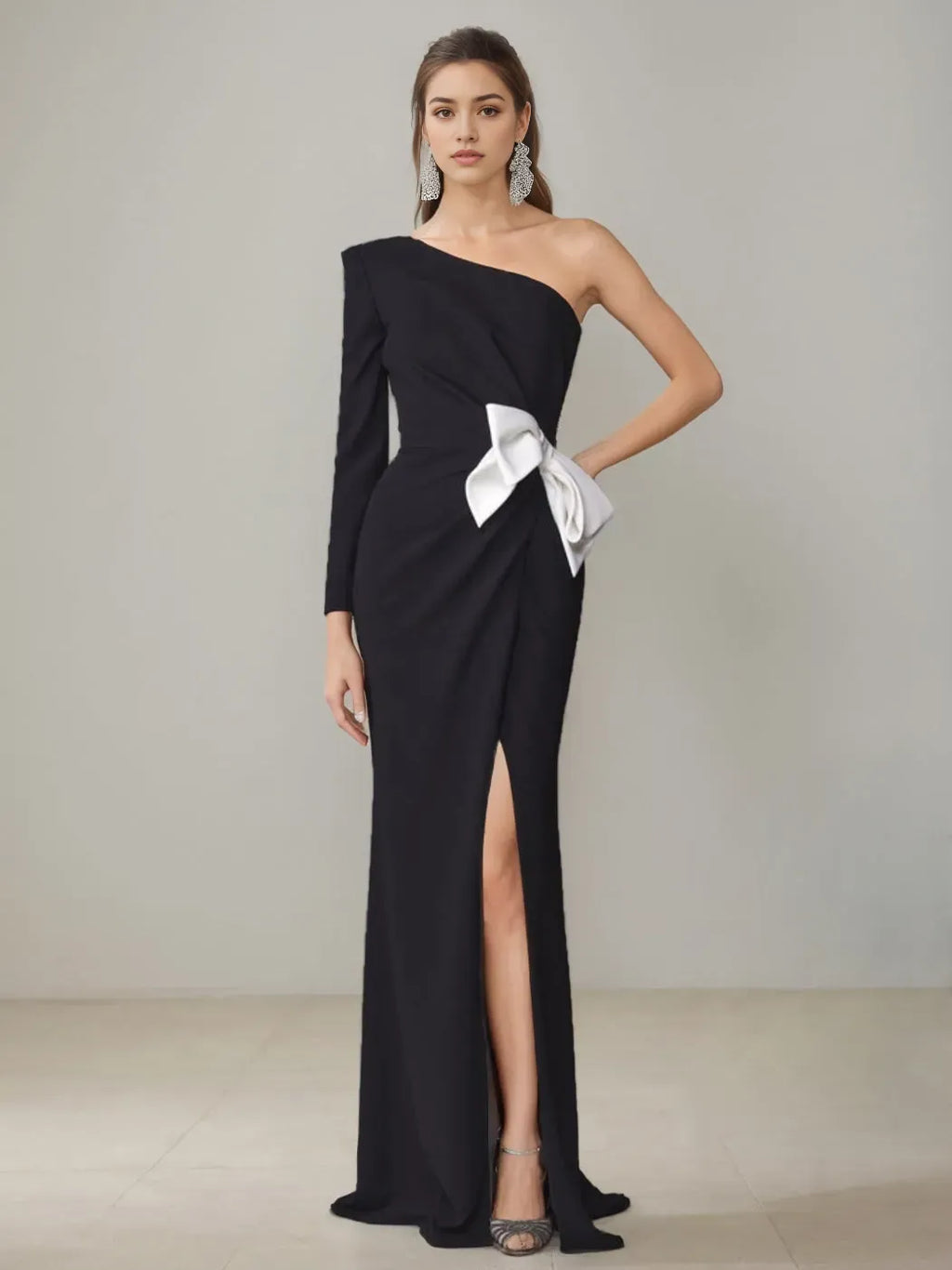 Column One-Shoulder Floor-Length Mother of the Bride Dresses with Split Side Bowknot