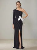 Column One-Shoulder Floor-Length Mother of the Bride Dresses with Split Side Bowknot