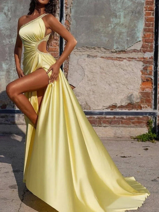 Elegant Red A-Line One-Shoulder Classic-Sleeve Classic-Back Floor-Length Prom Dress